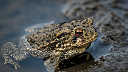 Obraz premium Close-up of a Toad in Water Amphibian Wildlife Nature. Concept featuring toad, amphibian, wildlife, nature, close-up.
