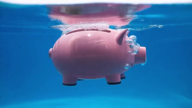 Piggy bank drowning,sinking in water on white background. Save water concept. Piggy bank drowning in water. Savings and Debt concept. Financial problems