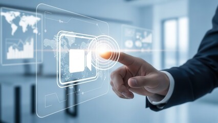 Remote team management concept, Closeup Businessman Hand touching digital video conference icon, representing virtual meetings, telecommuting, and global workforce collaboration