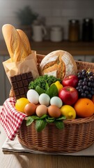 Fresh Food Basket with Bread and Fruits Fresh Produce Vegetables Chocolate. Concept featuring food basket, fresh produce, fruits, vegetables, bread.