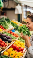 Woman Enjoying Fresh Herbs at Farmers Market Basil Vegetables Healthy Eating. Concept featuring farmers market, fresh herbs, basil, vegetables, woman.