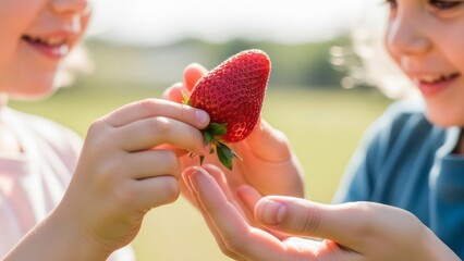 Children Sharing a Strawberry in Nature Friendship Outdoors Summer. Concept featuring children, strawberry, nature, friendship, outdoors.