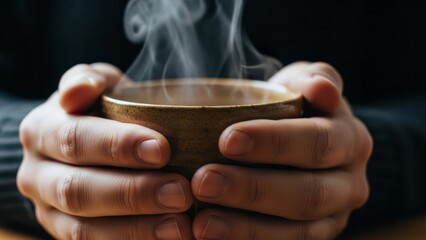 Warm Cup of Coffee in Hands Steam Warmth Comfort. Concept featuring coffee, hands, steam, warmth, comfort.