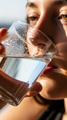 Close-Up of Woman Drinking Water Glass Hydration Refreshment. Concept featuring woman, drinking, water, glass, hydration.
