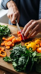 Chopping Fresh Vegetables on a Wooden Cutting Board Cooking Healthy Food Bell Peppers. Concept featuring vegetables, chopping, cooking, healthy food, bell peppers.