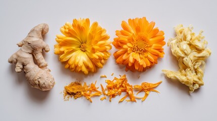 Calendula petals arranged next to ginger and turmeric on neutral background. Herbal medicine, natural healing, anti-inflammatory ingredients, wellness concept.