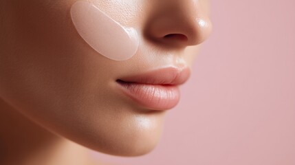 Close-up of transparent acne patch applied to young woman skin on minimal pink background. Skincare treatment, pimple cover, blemish solution, discreet healing, clear patch.
