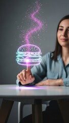 Woman Interacting with Holographic Burger Hologram Digital Technology. Concept featuring hologram, burger, digital, technology, innovation.