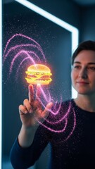 Woman Interacting with Virtual Hamburger Virtual Reality Hologram Technology. Concept featuring virtual reality, hologram, hamburger, technology, woman.