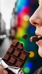 Close-up of Chocolate Bar and Woman's Profile Snack Sweet Food. Concept featuring chocolate, woman, profile, snack, sweet.