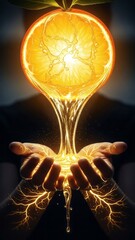 Magical Orange Juice Flowing from Hands Light Energy Creativity. Concept featuring orange, juice, hands, light, energy.