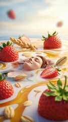 Relaxing in a Strawberry and Honey Bath Woman Strawberries Relaxation. Concept featuring woman, bath, strawberries, honey, relaxation.