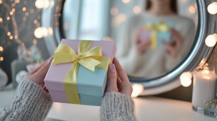 Hands holding pastel gift in front of mirror with reflection. Celebration, self-love, reflection concept, joy, present, happy moment, thoughtful gesture.