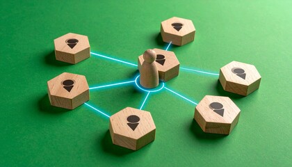 Wooden hexagonal blocks with multicolored human icons connected by light blue lines on green surface, central red figure and green leaf.