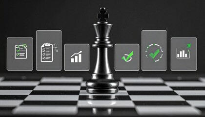 Black king chess piece on reflective board with six floating panels showing business icons and green checkmarks.