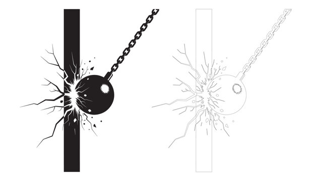 Black and white wrecking ball smashing through concrete wall