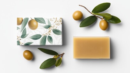 Soap wrap box mock package with bar of olive soap on white background. Product packaging design, natural cosmetics, eco-friendly, handmade, retail presentation.
