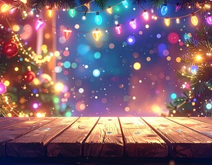 Festive holiday scene with twinkling lights, bokeh, and a wood table