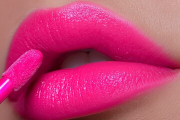 Ultra close macro beauty shot of lips applying neon pink lipstick. Makeup, cosmetics, vibrant color, detailed application, beauty close-up, fashion photography.