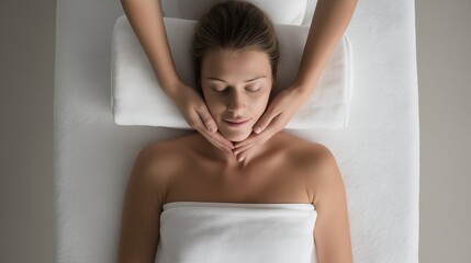 Top view of client lying on spa treatment bed with therapist preparing. Relaxation, wellness service, massage, beauty treatment, professional care, serene atmosphere.