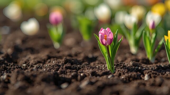 Close-up of pink tulip flower in garden soil - Powered by Adobe