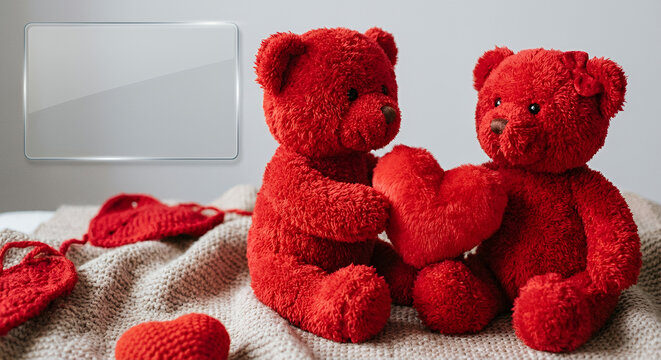 Red Teddy Bears with Glass-Style Text Box &ndash; Valentine Illustration