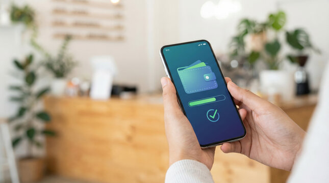 Hand holding smartphone displaying digital wallet app