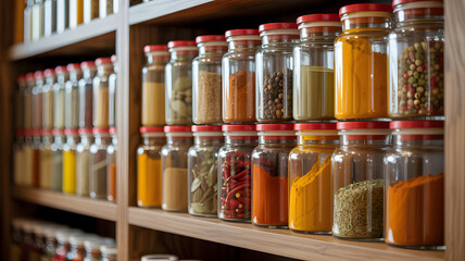 A pantry is meticulously organized, rows of glass jars showcasing a vibrant array of culinary spices and herbs.