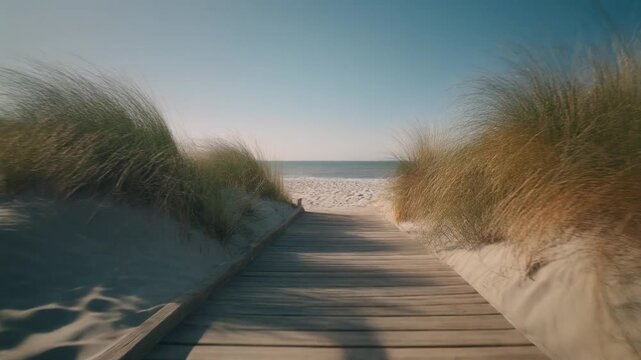 Wooden boardwalk path leading to sandy beach and blue ocean