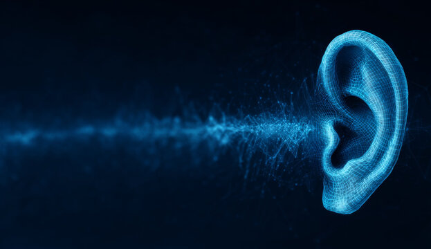 Blue hologram of an ear with sound waves illustrating auditory communication and digital sound transmission