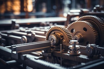 Industrial machine close up showing precision gears, racks, and mechanical parts working together