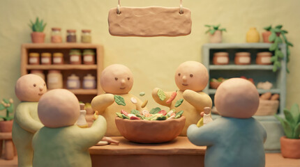 Obraz premium Playful characters preparing a colorful salad in a cozy kitchen