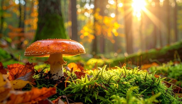 A wild edible brown boletus mushroom with a large cap grows in the green moss and grass of an autumn forest floor
