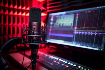 Condenser microphone in a professional recording studio with computer screen and mixing desk