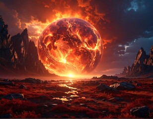 Fiery celestial orb hangs over a desolate, red-hued landscape