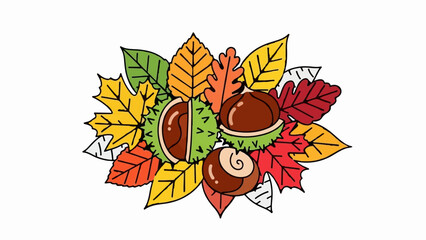 Obraz premium Colorful autumn leaves and chestnuts arranged in a circular pattern