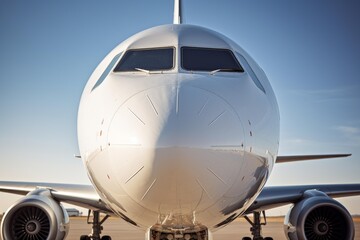 White airplane nose, cockpit windows, and jet engine preparing for takeoff on a runway