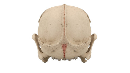 Dorsal view of a pale beige animal skull with red suture lines and visible teeth against a png isolated transparent background black background