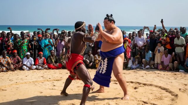 海辺の砂浜で対峙する日本の力士とアフリカの伝統的な戦士