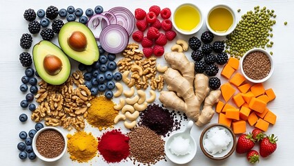 A tasty breakfast plate features fresh colorful easter eggs on a white wooden background table with healthy green vegetables and sweet orange fruit for a festive morning meal