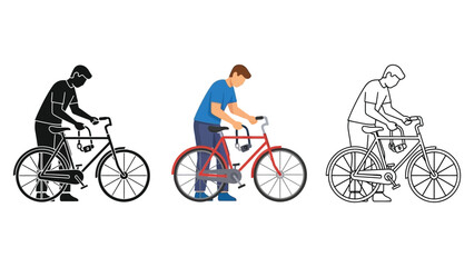 Set of three bicycle maintenance illustrations showing a man adjusting a bicycle in silhouette, color, and outline styles