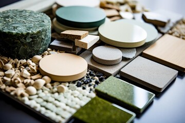 Material samples and textures for architectural and interior design concepts, including stone, wood, and composite finishes