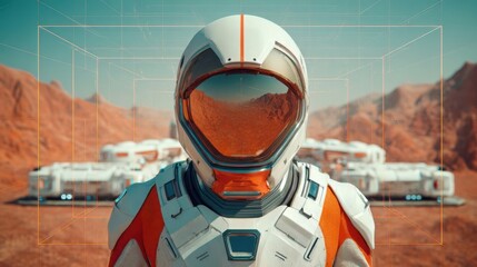 Space explorer stands on Martian landscape near colony