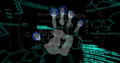 Animation of chemical formulas and data processing over fingerprints on black background - Powered by Adobe