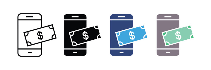 Mobile payment and online financial transaction icon set. smartphone with dollar bill symbol. vector illustration