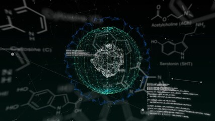 Animation of diverse data processing over brain and globe on black digital background - Powered by Adobe