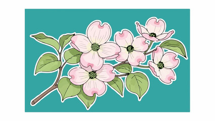 Delicate pink dogwood blossoms with green leaves on a teal background