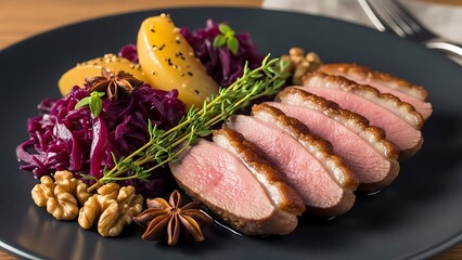 Gourmet grilled lamb chops and roasted pork steak served on a white plate with a side of cooked potatoes and a fresh green vegetable salad for a delicious dinner meal