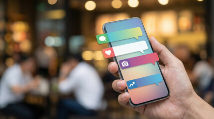 Person holding smartphone with chat interface in a casual setting