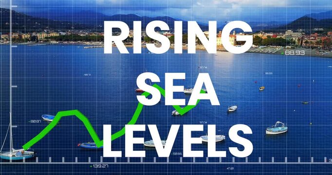 Animation of rising sea levels over financial graph and seascape
